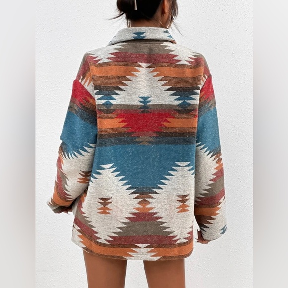 NWOT SHEIN Lune Multicolour Geo Print Drop Shoulder Flap Pocket Overcoat Size S - Picture 3 of 15